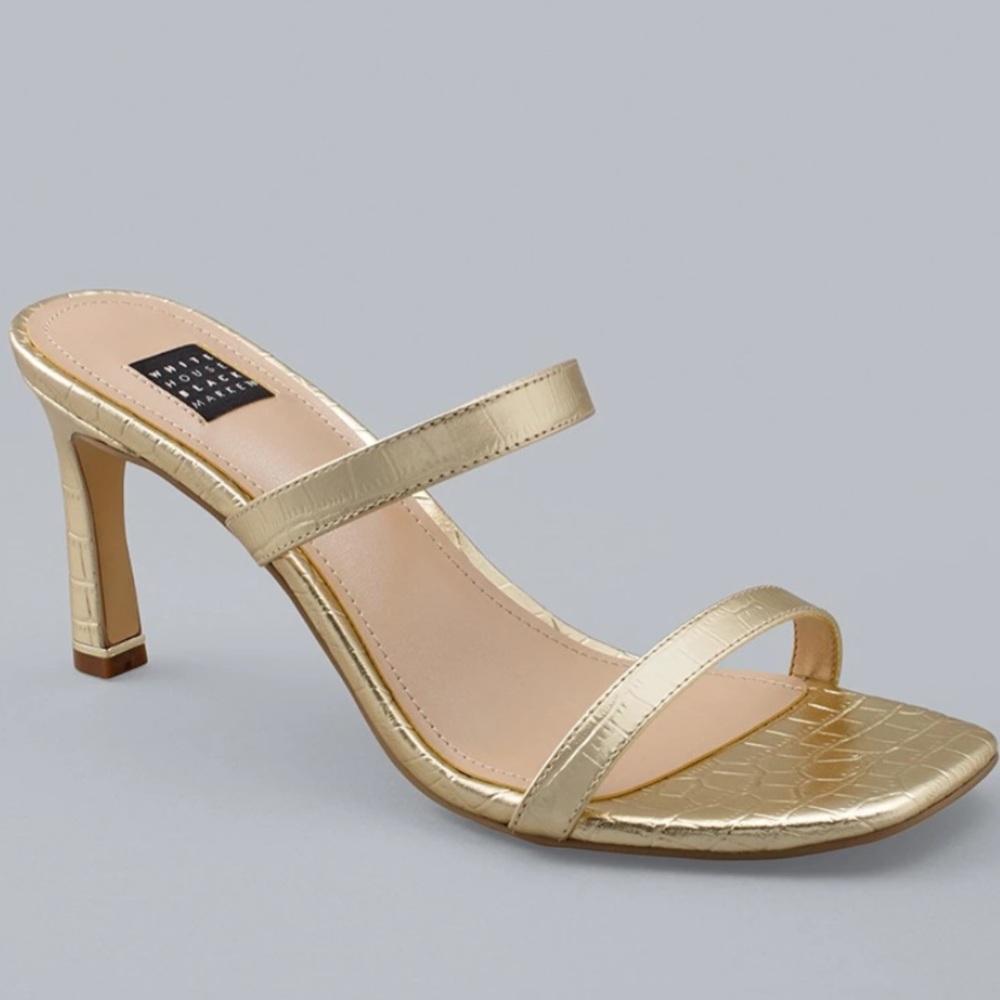 WHBM crocodile embossed strappy gold tone sandals